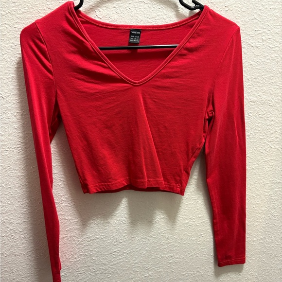 SHEIN Tops - SHEIN Bold Red V-Neck Long Sleeve Blouse
